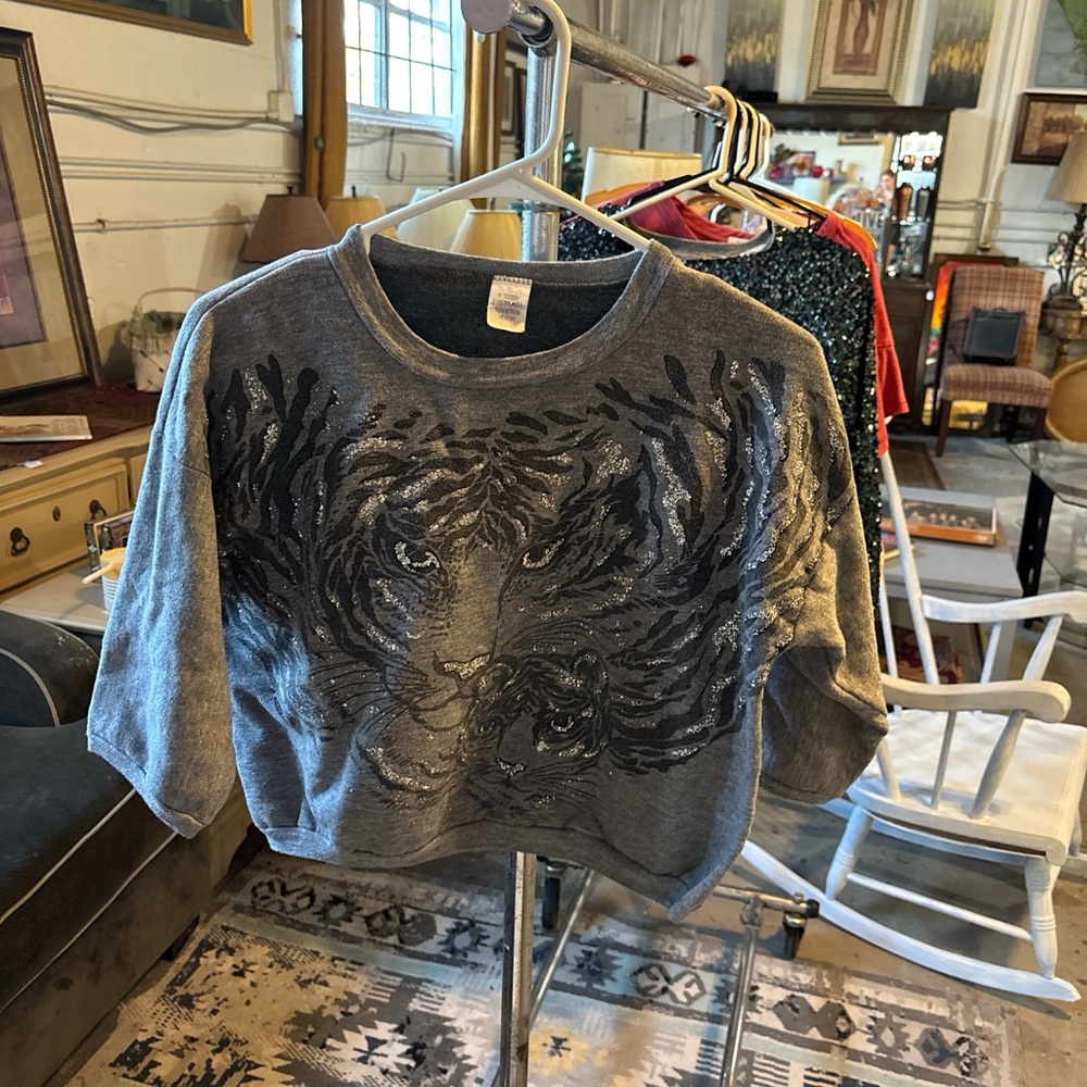 Gray Tiger Print Cropped Sweatshirt